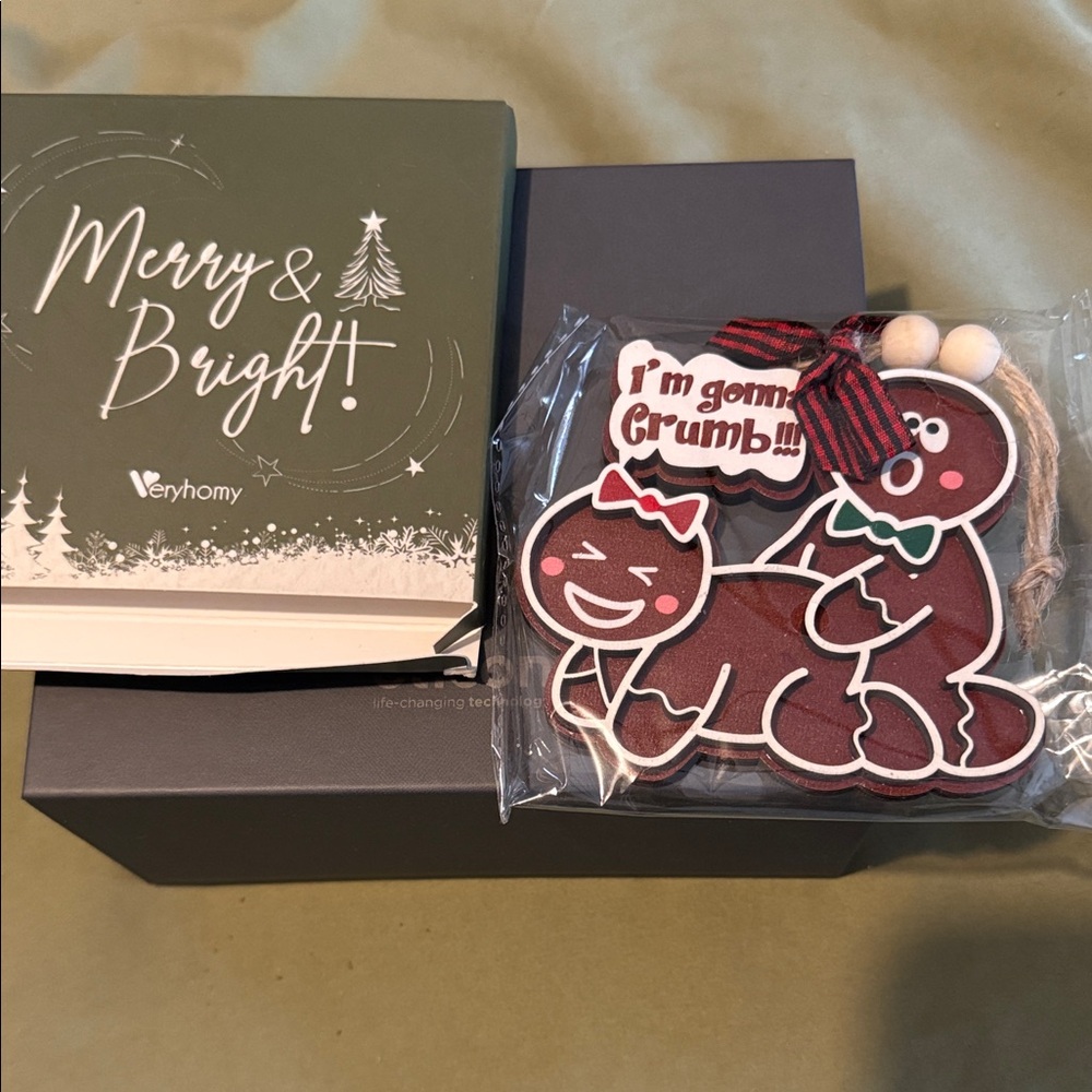 Merry & Bright Green Gift Box with Brown Gingerbread Ornament